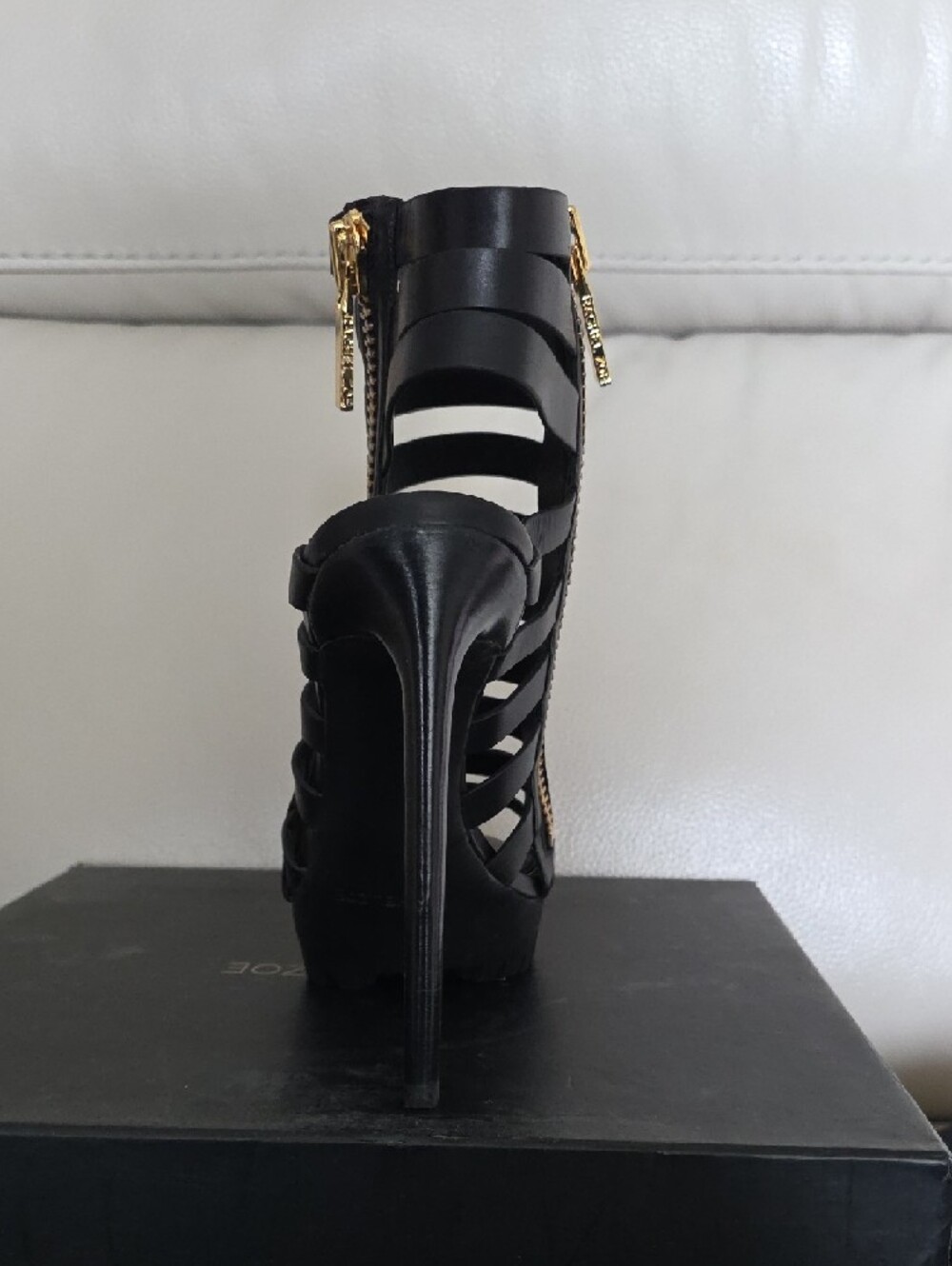 Rachel Zoe Black Strappy Cage Heels with Gold Zipper - Picture 3 of 7